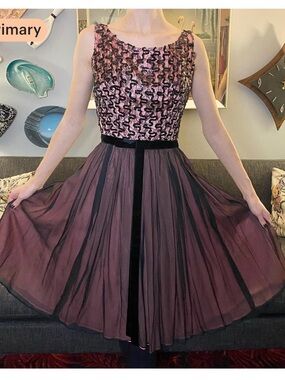 Vintage Party time fashions pink and black dress with sequins and sheer overlay